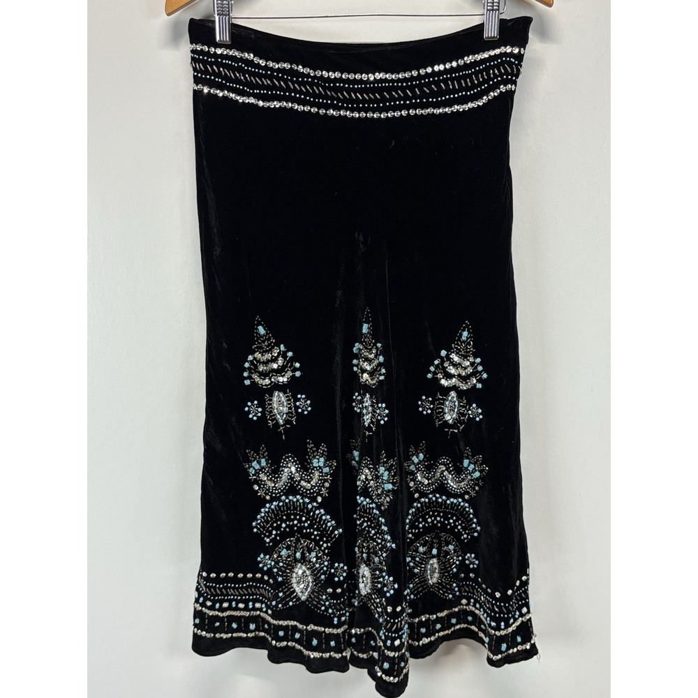 Vtg Carole Little Velvet Midi Skirt Sz 8 Black Turquoise Beads Western Goth 90s